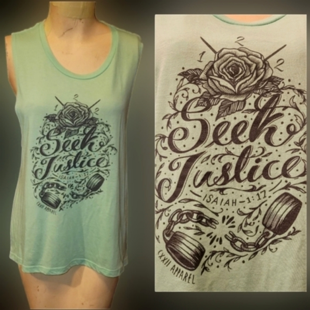 Vtg Y2K CXXII mint green rose handcuffs seek justice graphics muscle tank top XL